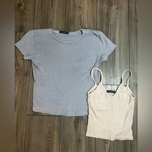 Brandy Melville Beige Ribbed V-Neck Tank and Striped Blue T